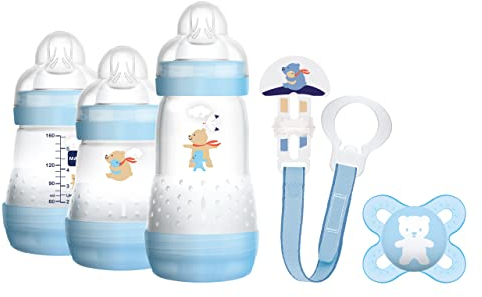 MAM Welcome to the World G101-3 Babyflaschen-Set Easy Start Anti-Colic, 1 Schnuller Start und 1 Brosche Clip 0+ Monate, Blau, spanische Version