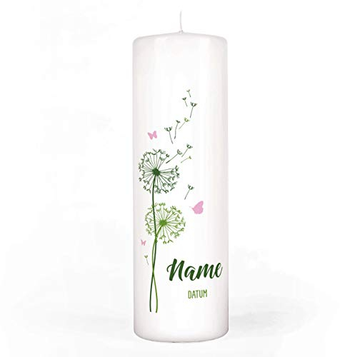 Striefchen® Kerze zur Taufe/Kommunion/Konfirmation mit Pusteblume und Schmetterlingen Namen u. Taufdatum sowie eigenen Spruch 8 x 25 cm