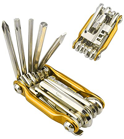 QitinDasen 11 in 1 Strumento Bicicletta, Attrezzo Bici Multifunzione, Attrezzi Riparazione Bicicletta Mini, Multitool Bici Pieghevole e Portatile (D'oro)