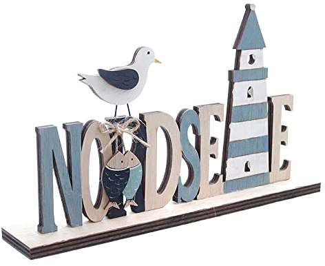 Dragimex Schriftzug 'Nordsee' auf Stand mit Leuchtturm und Möwe, ca. 26 x 4,5 x 15 cm H weiß/blau/Natur, Sperrholz