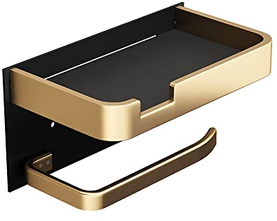 LANMOU Toilettenpapierhalter Ohne Bohren, Toilettenpapierhalter Gold mit Ablage, Selbstklebend Klopapierhalter aus Aluminium, Klorollenhalter Wandmontage Rollenhalter Wc Papier Halterung