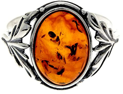Silver Amber Jewellery - 925 Sterling Silver and Genuine Cognac Baltic Amber Classic Ring - AR1