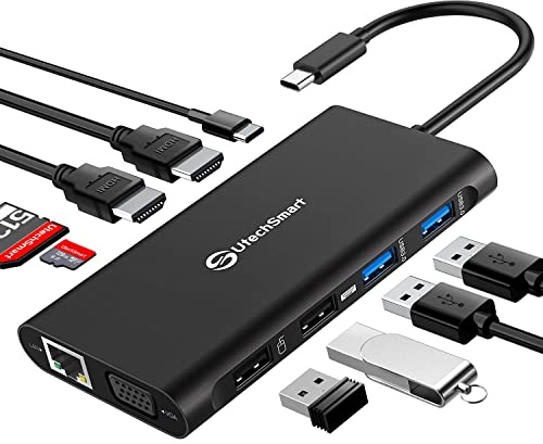 Estación de Acoplamiento, UtechSmart Triple Monitores USB C Docking Station, 11-1 USB C Dock con 2 HDMI, VGA, PD3.0, Lector de Tarjetas SD/TF, 4 Puertos USB Compatible para MacBook y Windows (Negro)