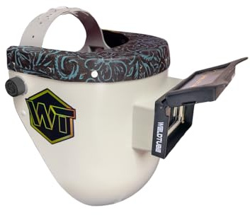 Chopped Teal Black Floral Leather Top Pipeliner Welding Helmet, Slim Cut Bottom with Aluminum Fasteners, High Visibility HD Gold Coated Lens & Flip-Front Adapter