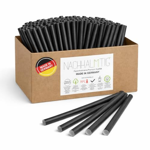NACHHALMTIG Pajitas de papel negras – Ø 8 mm – 500 unidades – Fabricado en Alemania, resistente al calor 70°, ideal para Aperol, cócteles, latte macchiato y más