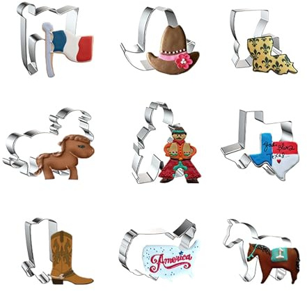 WJSYSHOP Western Cowboy Cookie Cutters 9-Pc Set - Flag Cowboy Hat Louisiana State Pony Cowboy Texas State Cowboy Boot USA Map Horse - A