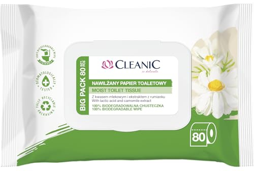 Cleanic Papier Toilette Humidifié Rinçable - (80 Pièces) Papier Toilette Humide - Avec extrait de camomille, jetable, lingettes intimes humides - 80 Pièces