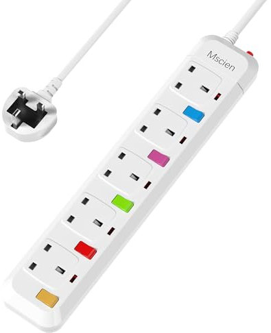 Mscien 4M Extension Lead with Switches, 5 Way Surge Protected Extension Lead, UK Wall Mount Power Strip with 4 Meter Extension Cord, 5 Gang Plug Extension Sockets Random Switch Color 2500W