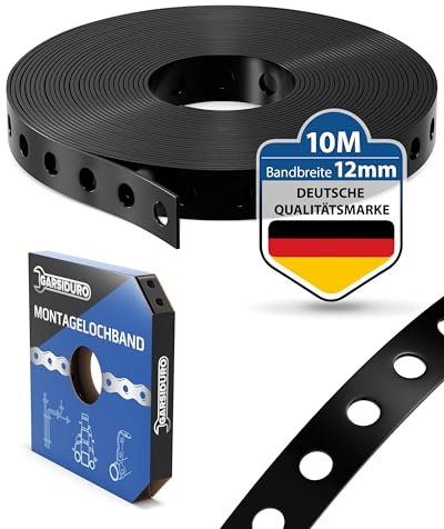 GARSIDURO® Cinta para agujeros de montaje con revestimiento de plástico [12 mm x 10 m] | Correa de agujero profesional metal negro para fijar cables, tuberías y tubos | Cinta de montaje flexible acero