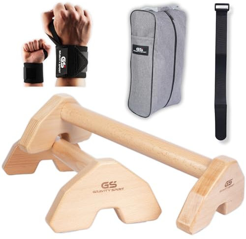 Gravity Spirit Parallettes aus Holz – Liegestützgriffe für Calisthenics & Handstand – Rutschfeste Griffe mit Tasche, Handgelenkbandagen & eBook – Calisthenics Ausrüstung für Zuhause & Outdoor
