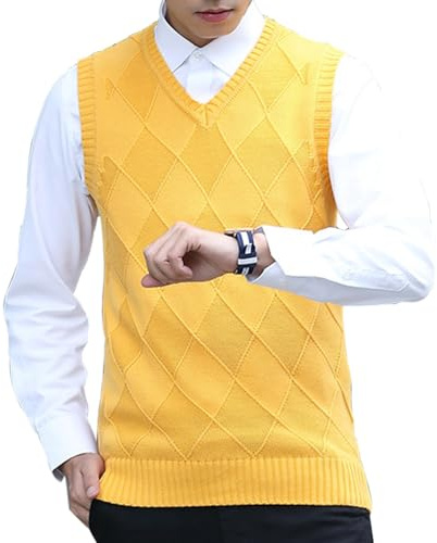 MANBOZIXi Maglioni Senza Maniche da Uomo, Gilet Uomo Maglia Cotone Leggero, Giallo 3XL