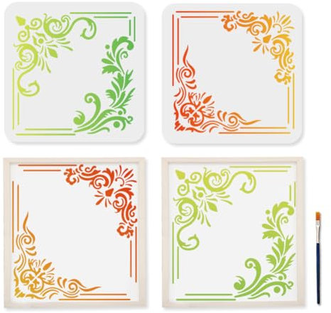 MAYJOYDIY 2 Styles Pochoirs D'Angle de Fleur Modèles de Bordure Carrée 30x30cm Pochoir en Plastique Réutilisable pour Coin Fleuri avec Pinceau pour Mur en Bois Fenêtre Bricolage Artisanat
