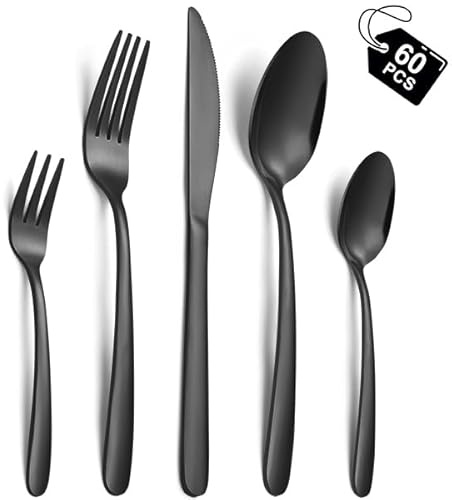 Hunnycook bestickset 12 personer, 60 stycken bestick svart rostfritt stål, svarta bestick med gafflar, sked och bordsknivar, lämplig för hushåll/restaurang/fest, diskmaskinssäker