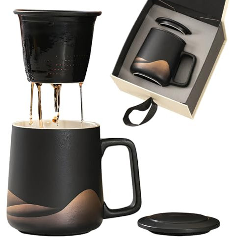 Teetasse mit Deckel und Sieb, 360 ml Teebecher mit Teesieb und Deckel für Losen Tee, Matte Keramik Teetassen Geschenke für Teeliebhaber, handgesprühte Schwarze Glasur