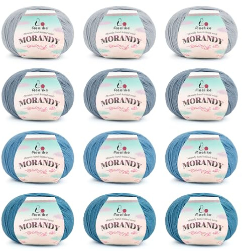Aeelike Filato di Lana Merino Blu, 12 x 50g Matasse di Lana per Lavori a Maglia e Uncinetto per Calzini, Cappello, Coperta, Morbido e Caldo Filato Merino per Set di Uncinetto per Principianti