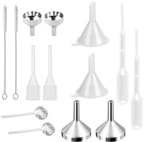 YAYNO 14 pezzi alluminio mini imbuto in metallo Set di Imbuti plastica contagocce dispenser imbuto piccolo per bottiglia archiviazione olio essenziale,riempimento piccola bottiglia,cosmetici,sabbia