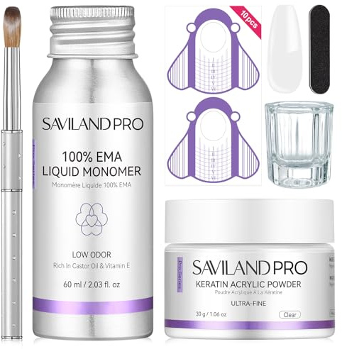 SAVILAND Set di Unghie Acriliche per Principianti: set Completo Acrilico per Unghie Polvere Acrilica Trasparente Monomero EMA con Pennello e Sagome per Allungamento Unghie per Fai Da Te