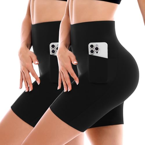 SINOPHANT 2 Pack Cycling Shorts Women with Pockets High Waist Biker Yoga Running Gym Workout Buttery Soft Athletic Black XXL