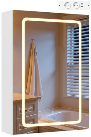 EUGAD Armoire Murale Salle de Bain, avec Miroir LED, Éclairage Tactile 3 Couleurs, Meuble WC Suspendu avec 3 Portes, Étagère Réglable, Crochets à Bijoux, Blanc, Moderne