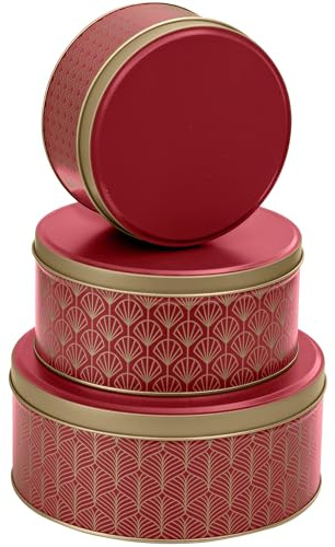 BALOU LIVING 3er Set Keksdose Weihnachten - Weihnachtskeksdosen aus Metall - Weihnachtliche Plätzchendose Blechdose, Pattern rot/gold