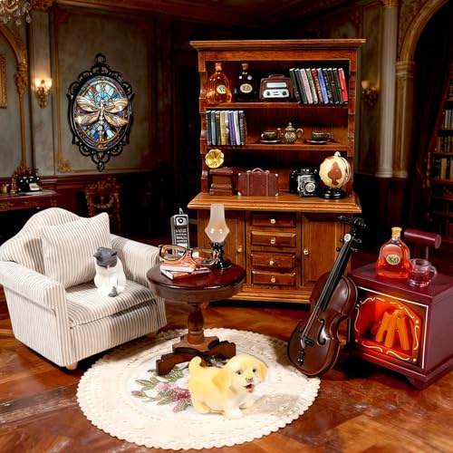 1：12 Scale Miniature House Furniture Set Classic Mini Furniture Sofa Set with Pillows Mini Couch Carpet Wooden Furnitures Bookshelf Desk Chair Living Room Scene Decor