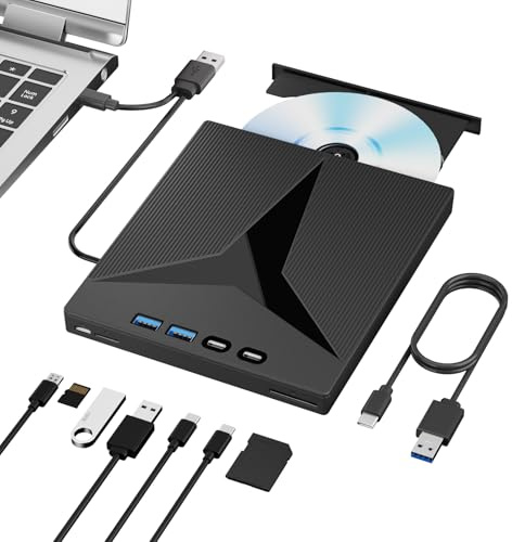 Unidad de CD externa 7 en 1, unidad externa portátil de CD/DVD para laptop, USB 3.0 y grabadora de CD tipo C, unidad externa de CD ROM para laptop, unidad de DVD externa USB con tarjeta SD/TF para