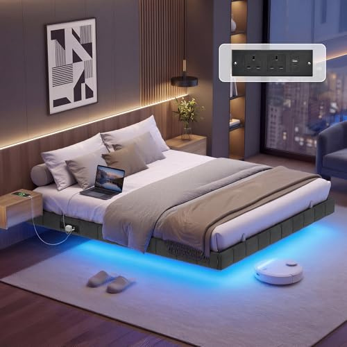VASAGLE King Floating Bed Frame 150 x 200 cm, Platform Bed with LED Lights and Charging Station, Padded Sides, 2 AC Outlets, 1 USB-A Port, 1 USB-C Port, Supports up to 500 kg, Slate Grey RMB167G101