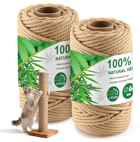 Foymlon 2 Pièces Corde Arbre à Chat, 6mm × 50m Corde Sisal Arbre à Chat, Corde Chanvre Convient pour DIY Cat Scratch Post, Gratter Le Sol, L'artisanat et la Décoration de la Maison