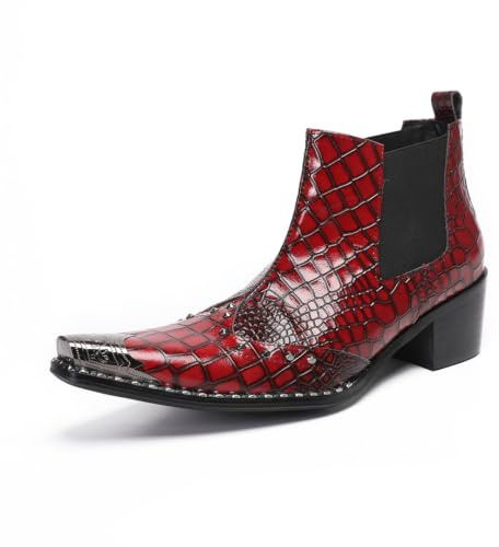Yhsdfcn Bottines Hautes Homme Imprimé Croco Rouge Cuir Véritable Chaussures | Cuir imprimé croco rouge audacieux, bout en métal unique, clous élégants, ajustement élastique confortable