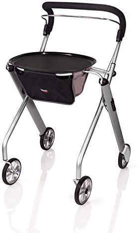 Stander Let’s Go Indoor Rollator, Lightweight Four Wheel Euro Style Walker with Tray, Folding Mobility Aid for Seniors by Trust Care, Silver
