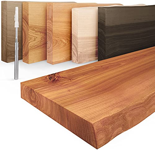 LAMO Manufaktur vägghylla, trähylla med en naturlig kant, bedrövad, med 2 stöd, Mörk Aska 120cm, LW-01-A-004-120W