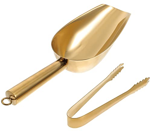 Luxshiny Stainless Steel Ice Scoop and Ice Tongs - 26.7cm Gold Bar Tools for Kitchen, Cocktail Making & Wedding Buffets (Round Bottom Design, Professional Grade)