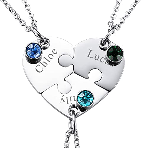 INBLUE Personalisierte Halskette für Männer/Frauen, Paar-/Freundschaftskette für 2/3/4/5 Teile, Schwarz/Silber Herz-Puzzle-Teile-Halsketten-Sets, Name/Text-Gravur Edelstahl-Halskette (3 Stück+Stein)