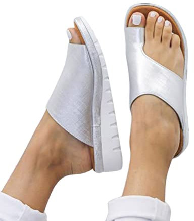 Onsoyours Big Toe Sandale de Correction Orthopédique Sandales Femmes Plates Chaussures en Cuir PU Nu Pieds Été à Talon Compensé Claquette Plage Confortables Élégance C Blanc 38 EU