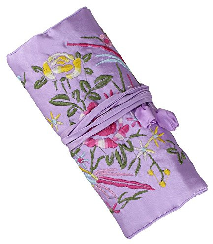 Lidwot Rouleau de rangement de bijoux en soie multi-usage violet clair – Étui à broderie vintage pour voyage/quotidien/événements – Pochette pliable à fermeture éclair pour bagues et colliers | Cadeau