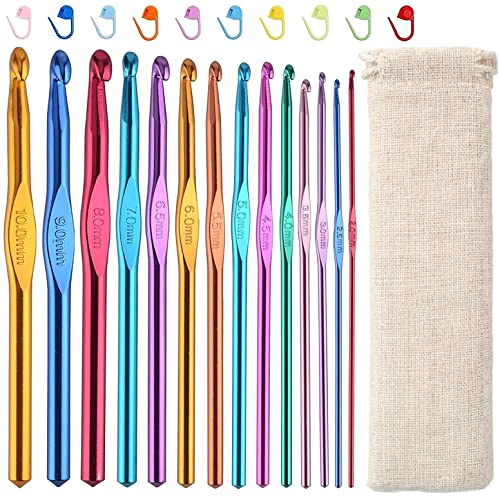 JOZEA Crochet Hooks Set, 14PCS Aluminum Crochet Hook, 2.0mm-10.0mm Crochet Hooks with 10 Piece Knit Marker, with Storage Bag