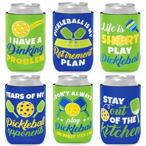 CiyvoLyeen Pickleball Gifts Accessories for Women Men Can Coolers for Party Favors Supplies Decorations Pickleball Lovers Double-sided Printing Prime Neoprene 12oz for Soda Bottle 6PCS Blue & Green