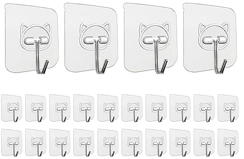 Elegana Heavy Duty Self Adhesive Hooks 24 Pack,33lb Max,304 Stainless Steel Wall Hooks Transparent,Waterproof Sticky Hangers for Keys,Bathroom, Shower, Outdoor, Kitchen,Door,Home Improvement,Utility