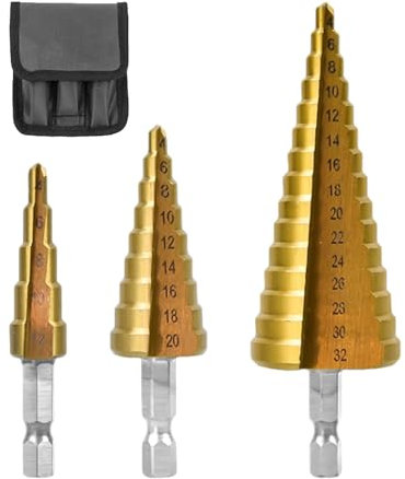 Juego de brocas escalonadas triangulares de metal de 3 piezas con funda de nailon negra, juego de brocas escalonadas, cortador de cabeza cónica, broca para leña, divisor de madera, juego de brocas