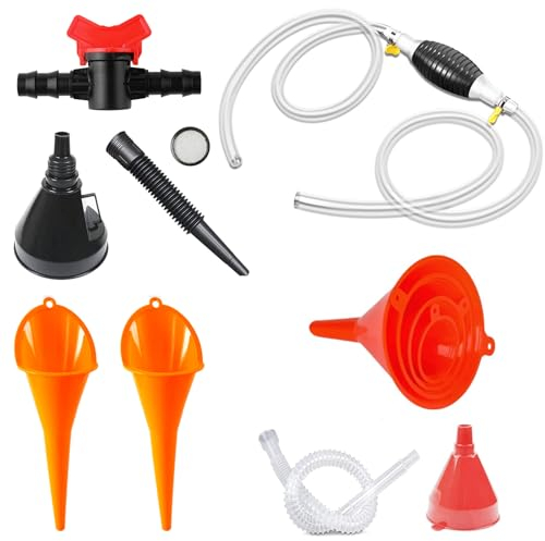 Lxoraziy 9 Stück Trichtersatz, Universal Auto Benzin Kraftstoff Trichter mit Abnehmbarem Schlauch Und Manuelle Ölabsorber, Trichter Set für KFZ, Auto, Werkstatt & Haushalt