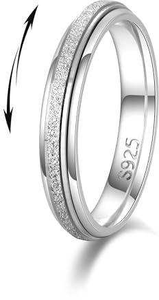 LOFITOR 925 Sterling Silver Fidget Ring for Women Band Anxiety Ring 4mm Sandblast Silver Thumb Ring Spinner Ring for Men Stress Relief Anti-anxiety Rings Size10