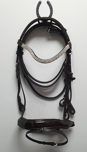 Equestrian Stone silver show Bridle Small Silver Stones Black Leather Patent Noseband Size X-full, Full, Cob, Pony, Shetland, Mini Shetland (FULL)