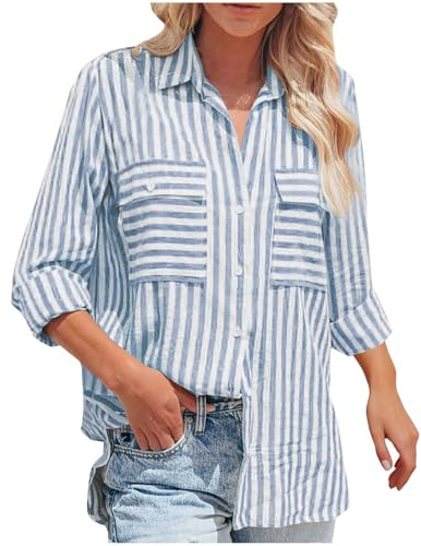 Ybing Camisa de lino a rayas para mujer, informal, muselina, camisa con bolsillo, tira de botones, camisa de manga larga, algodón y lino, blusa holgada, camiseta ligera de manga larga, camiseta de