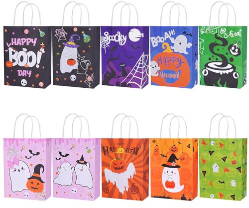 10 Stück Halloween Süßigkeiten Tüten,Wiederverwendbar Halloween Tütchen Kraftpapier,Tragbar Halloweentüten mit Tragegriff,Wasserdicht Candy Tüten,Halloween Partytüten für Süßigkeitenfür Süßigkeiten