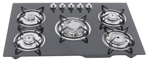 Cuisinière Encastrable 5 Feux à Gaz, Plaque de Cuisson Vitrocéramique pour Gaz Naturel/Propane, Usage Domestique ou Commercial, 5 Buses Volants, Sans Valve