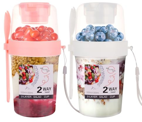 ASelected Pack of 2 Cereal Cups To Go Cereal To Go Cups with Spoon 310 + 560 ml Yoghurt Cup To Go Double Layer Leak-proof Yoghurt Cup Salad Cup for Work School Travel (White + Pink)