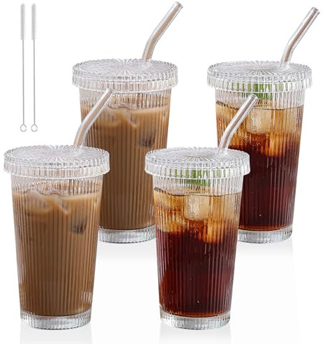 Noxtioanip 4 Stück Glasbecher mit Deckel und Strohhalm, 380ml Trinkbecher, Glas Smoothie Becher, Eiskaffee Gläser, Kaffeegläser, für Cappuccino, Latte, Tee, EIS, Eistee, Iced Americano, Milch, Saft