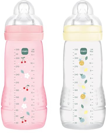 MAM Easy Active 6 mesi in più colore bacche + perla (confezione da 2 x 330 ml) - con ciuccio in silicone a flusso X velocità ultra veloce - per bambini con chiusura ermetica