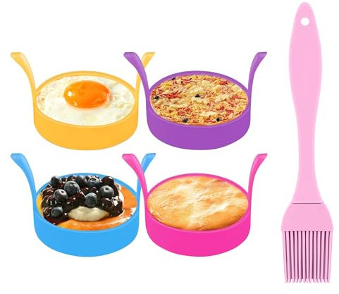 4-Pack Silicone Egg Rings for Frying with Brush – Non-Stick Fried Egg Moulds | Heat-Resistant Pancake Rings | Round Egg Cooking Moulds for Perfect Eggs, McMuffins, Crumpets & More