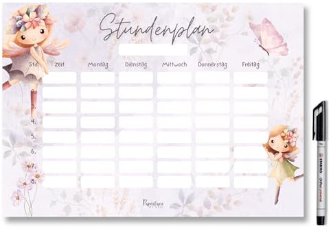 Magnetischer Stundenplan für Mädchen A4, florales Feen-Design, abwischbar und wiederverwendbar für Kühlschrank, Boho Wochenplaner Schule, Geschenk Einschulung (Magnetischer Stundenplan inkl. Stift)